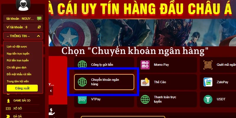 Hướng Dẫn Chi Tiết Nạp Tiền 33WIN - Chỉ Mất 3 Phút! 5 Nhấn để chọn hình thức chuyển khoản ngân hàng từ danh sách các phương thức.